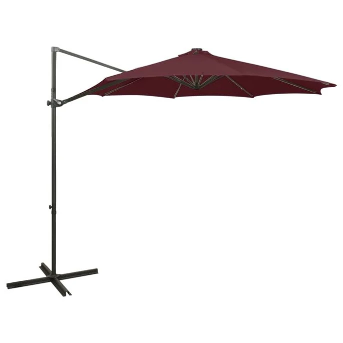 Parasol Déporté Avec Mât Et Lumières LED Rouge Bordeaux 300 Cm